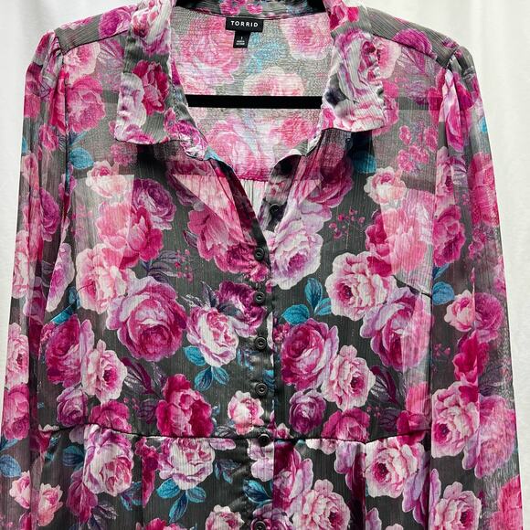 torrid Dresses & Skirts - Torrid Tea Length Dress Sheer Floral Pink & Gray Lined Size 1 Women's 14/16 (1X)